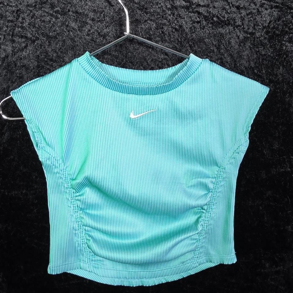 Nike Girls 3T Teal Green Ribbed Ruched Front Sleeveless Tank Top Swoosh Logo
